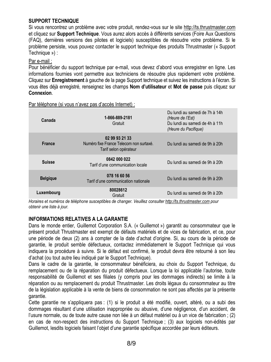 Support technique, Informations relatives à la garantie | Thrustmaster Ferrari F1 RS User Manual | Page 18 / 110