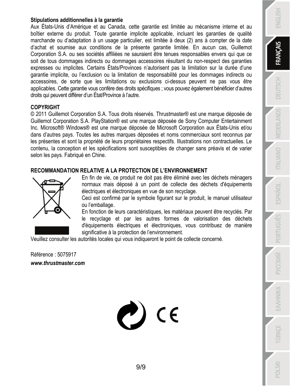 Stipulations additionnelles à la garantie | Thrustmaster Ferrari F1 RS User Manual | Page 19 / 110