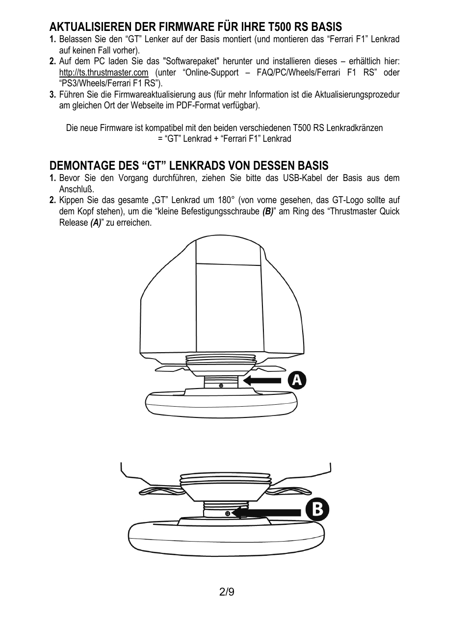 Aktualisieren der firmware für ihre t500 rs basis, Demontage des “gt” lenkrads von dessen basis | Thrustmaster Ferrari F1 RS User Manual | Page 21 / 110