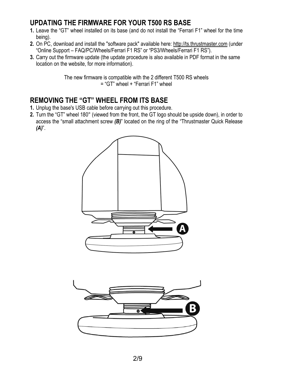 Updating the firmware for your t500 rs base, Removing the “gt” wheel from its base | Thrustmaster Ferrari F1 RS User Manual | Page 3 / 110