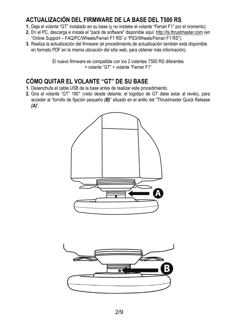 Actualización del firmware de la base del t500 rs, Cómo quitar el volante “gt” de su base | Thrustmaster Ferrari F1 RS User Manual | Page 48 / 110