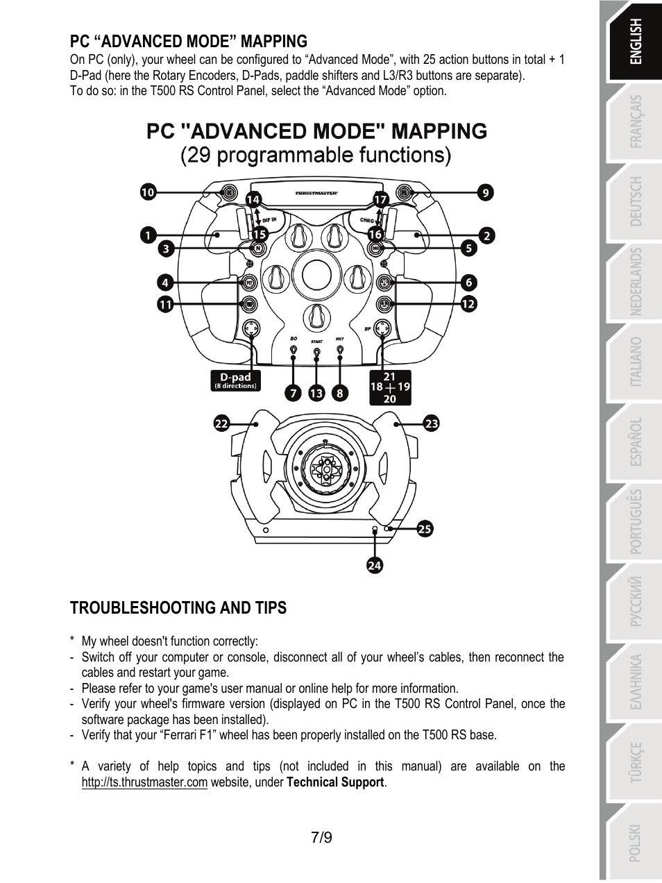 Pc “advanced mode” mapping, Troubleshooting and tips | Thrustmaster Ferrari F1 RS User Manual | Page 8 / 110