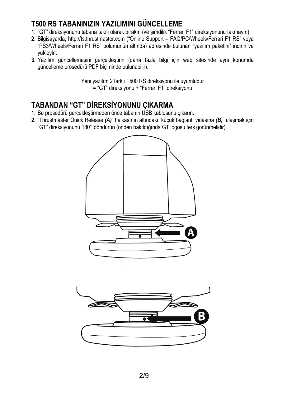 T500 rs tabaninizin yazilimini güncelleme, Tabandan “gt” direksiyonunu çikarma | Thrustmaster Ferrari F1 RS User Manual | Page 84 / 110