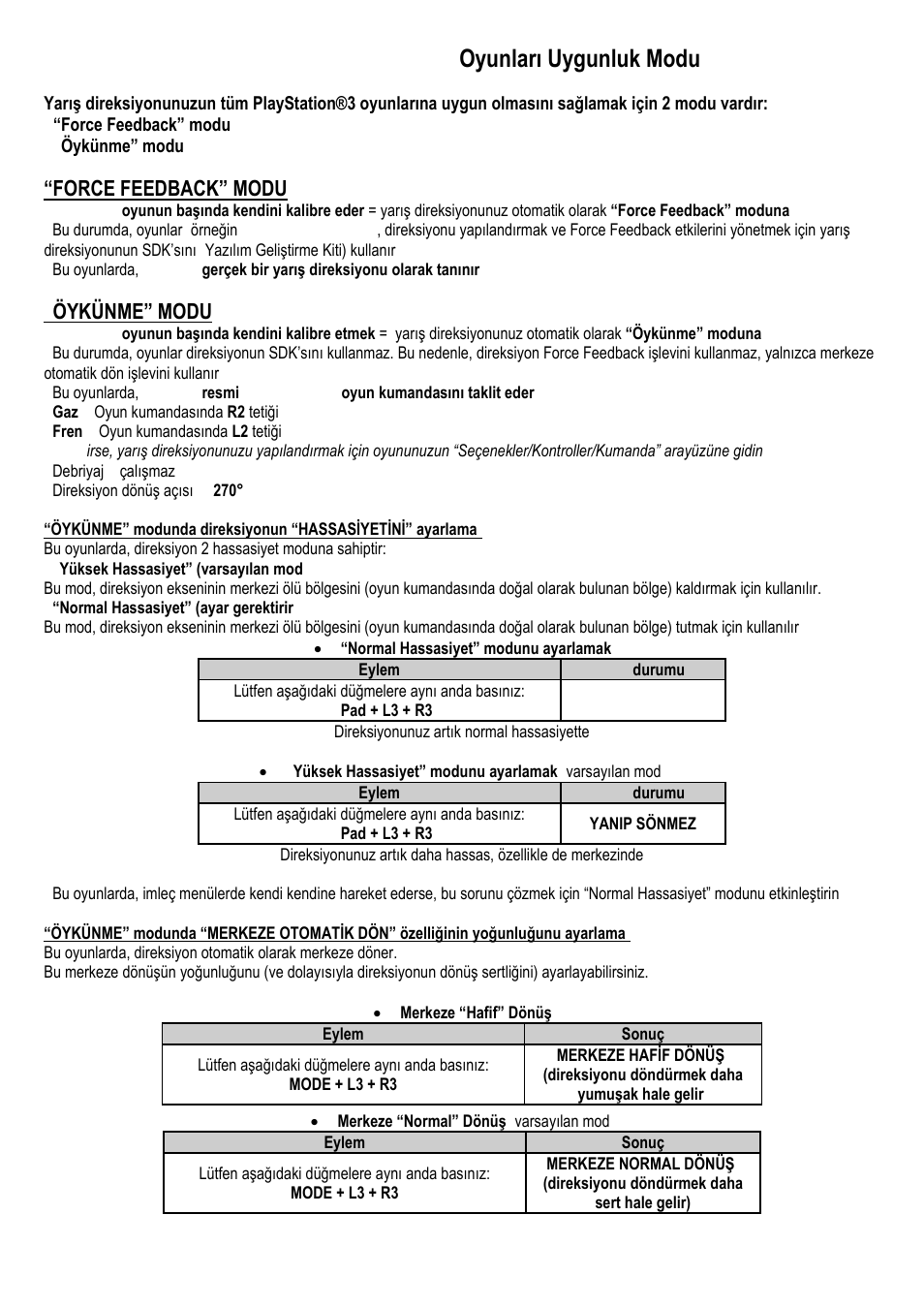 T500 rs_ps3 games compatibility mode_tur, T500 rs: playstation®3 oyunları uygunluk modu, Force feedback” modu | Öykünme” modu | Thrustmaster Ferrari F1 RS User Manual | Page 12 / 12