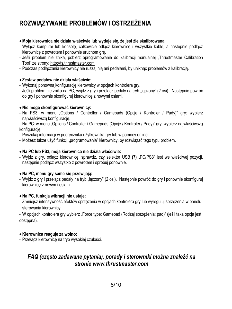 Rozwiązywanie problemów i ostrzeżenia | Thrustmaster Ferrari GT Experience User Manual | Page 109 / 124