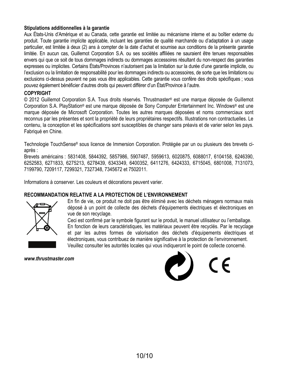 Stipulations additionnelles à la garantie | Thrustmaster Ferrari GT Experience User Manual | Page 21 / 124