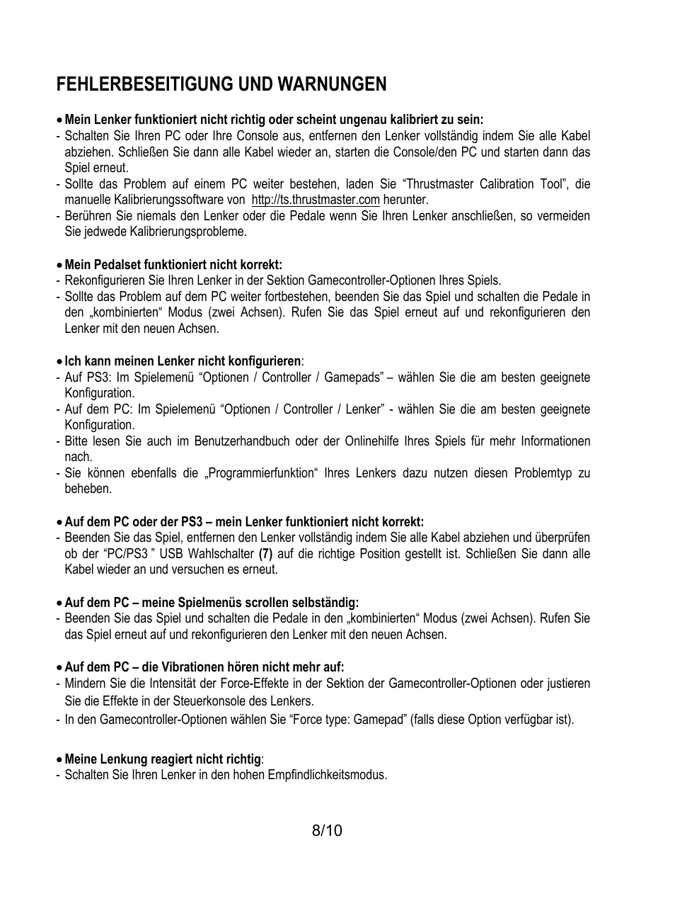 Fehlerbeseitigung und warnungen | Thrustmaster Ferrari GT Experience User Manual | Page 29 / 124