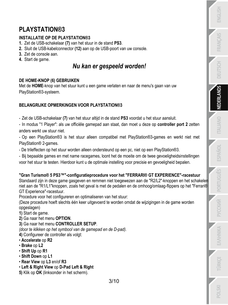 Playstation®3, Nu kan er gespeeld worden | Thrustmaster Ferrari GT Experience User Manual | Page 34 / 124