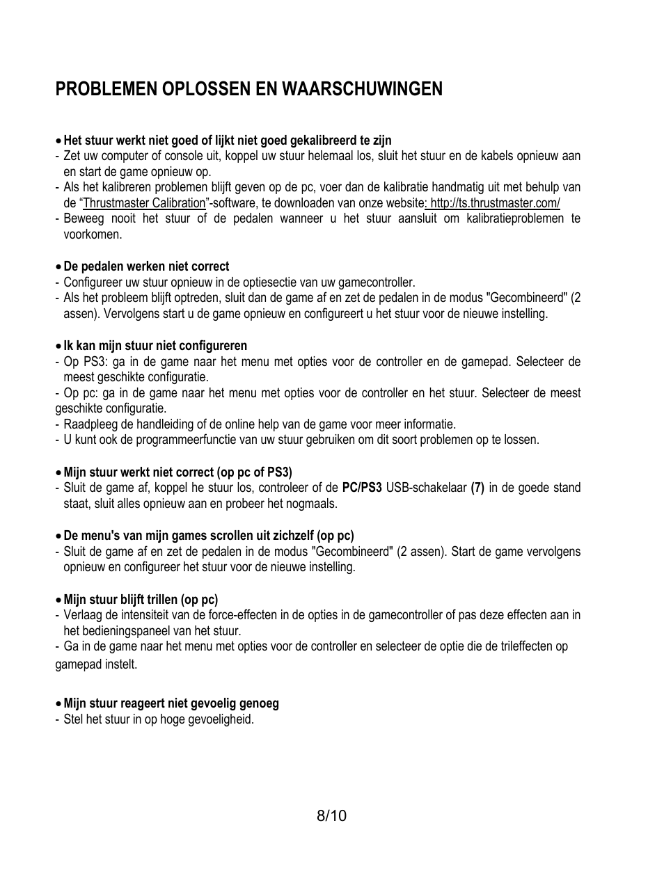 Problemen oplossen en waarschuwingen | Thrustmaster Ferrari GT Experience User Manual | Page 39 / 124