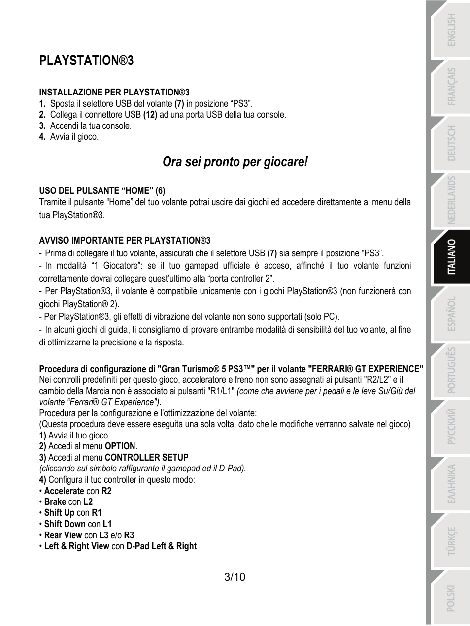 Playstation®3, Ora sei pronto per giocare | Thrustmaster Ferrari GT Experience User Manual | Page 44 / 124