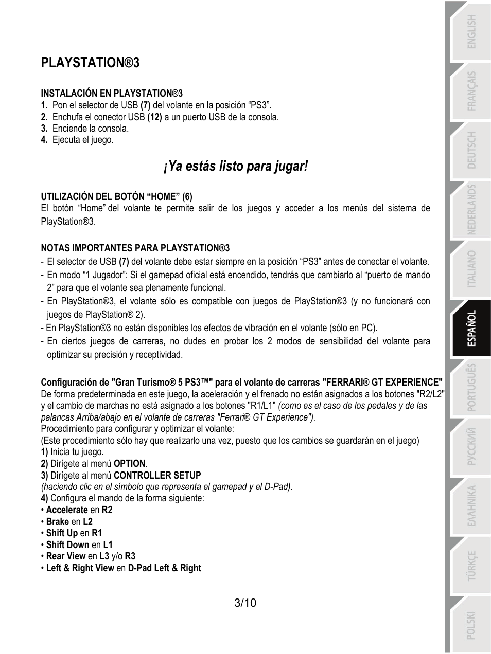 Playstation®3, Ya estás listo para jugar | Thrustmaster Ferrari GT Experience User Manual | Page 54 / 124