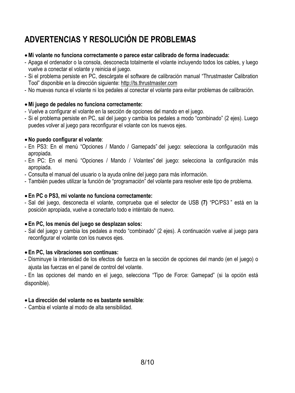 Advertencias y resolución de problemas | Thrustmaster Ferrari GT Experience User Manual | Page 59 / 124