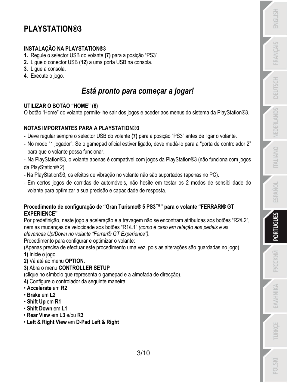 Playstation®3, Está pronto para começar a jogar | Thrustmaster Ferrari GT Experience User Manual | Page 64 / 124