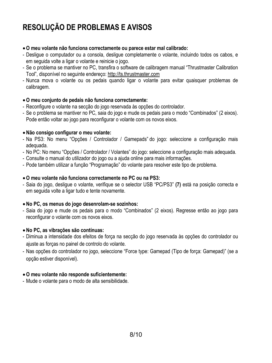 Resolução de problemas e avisos | Thrustmaster Ferrari GT Experience User Manual | Page 69 / 124