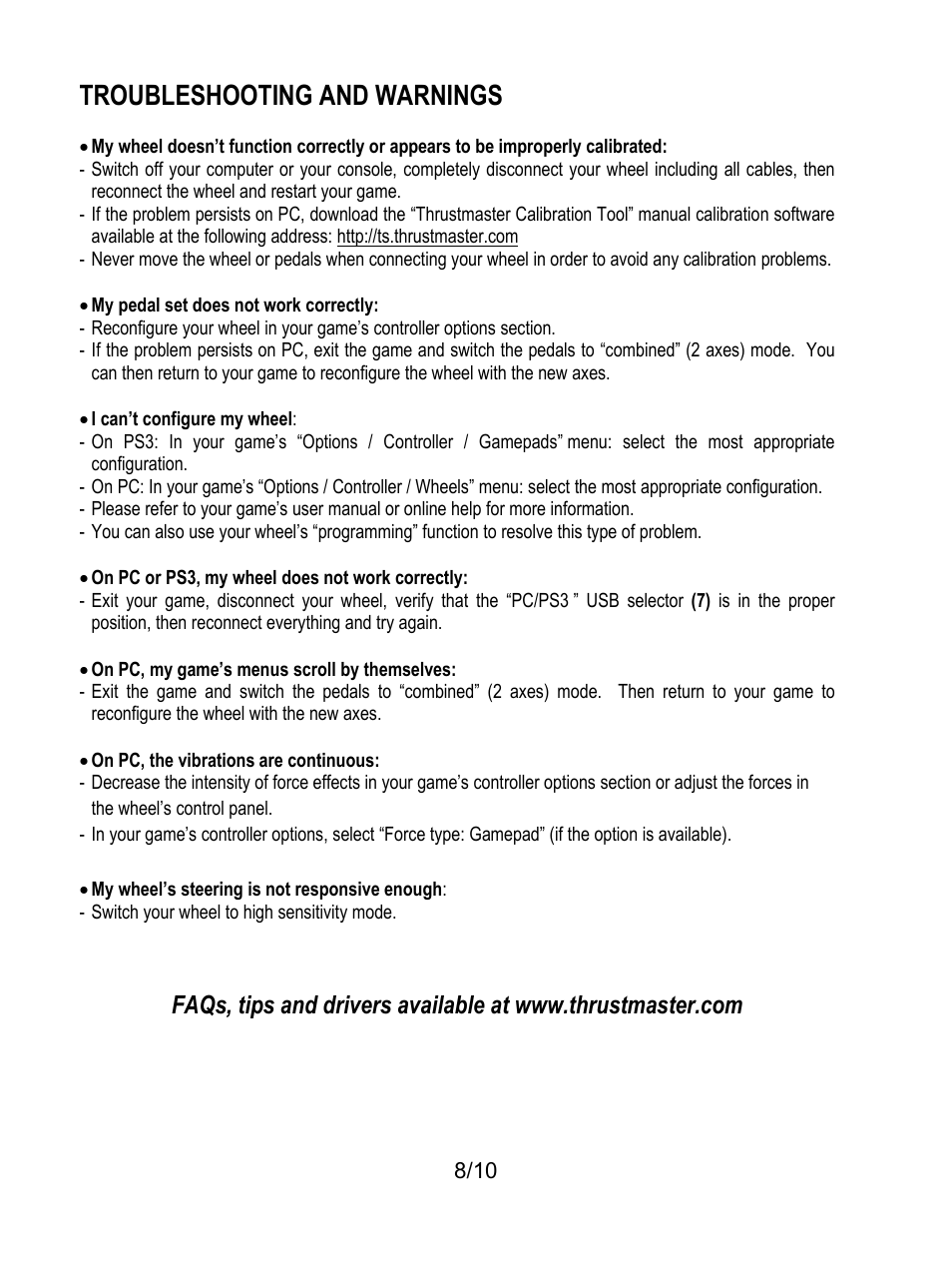 Troubleshooting and warnings | Thrustmaster Ferrari GT Experience User Manual | Page 9 / 124