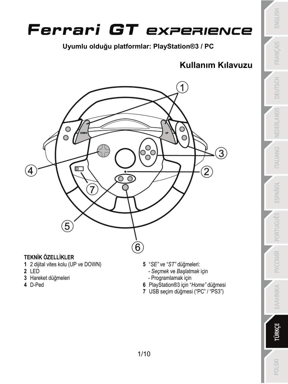 10_tur_fgt experience_v3, Teknik özellikler, Kullanım kılavuzu | Thrustmaster Ferrari GT Experience User Manual | Page 92 / 124