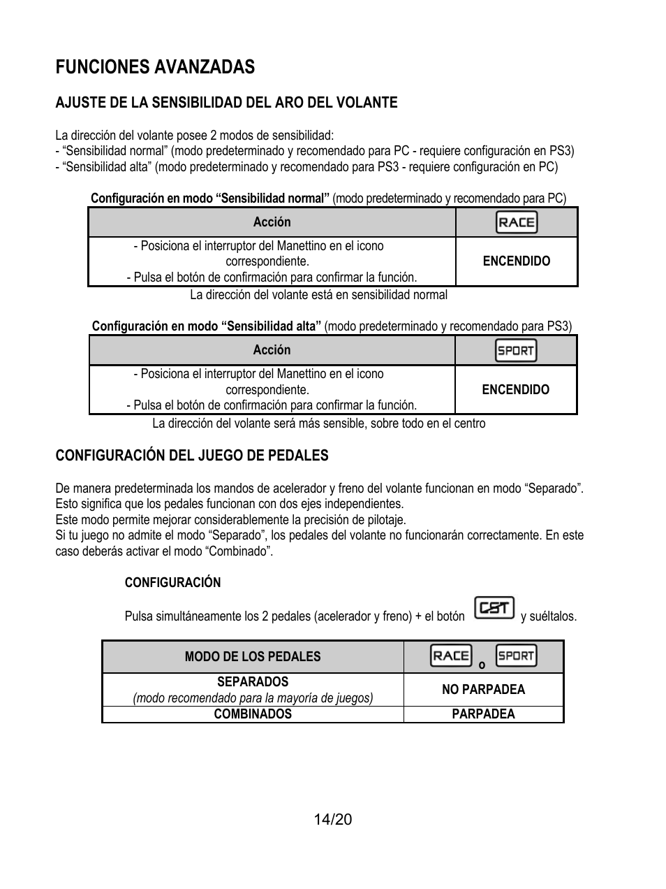 Configuración del juego de pedales, Configuración, Funciones avanzadas | Thrustmaster Ferrari Wireless F430 Cockpit User Manual | Page 115 / 182