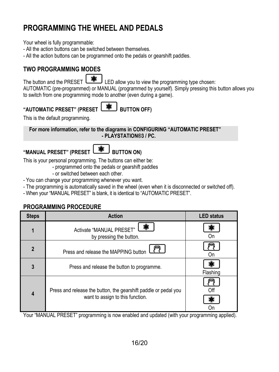 Programming the wheel and pedals, Automatic preset” (presetbutton off), Manual preset” (presetbutton on) | Thrustmaster Ferrari Wireless F430 Cockpit User Manual | Page 17 / 182