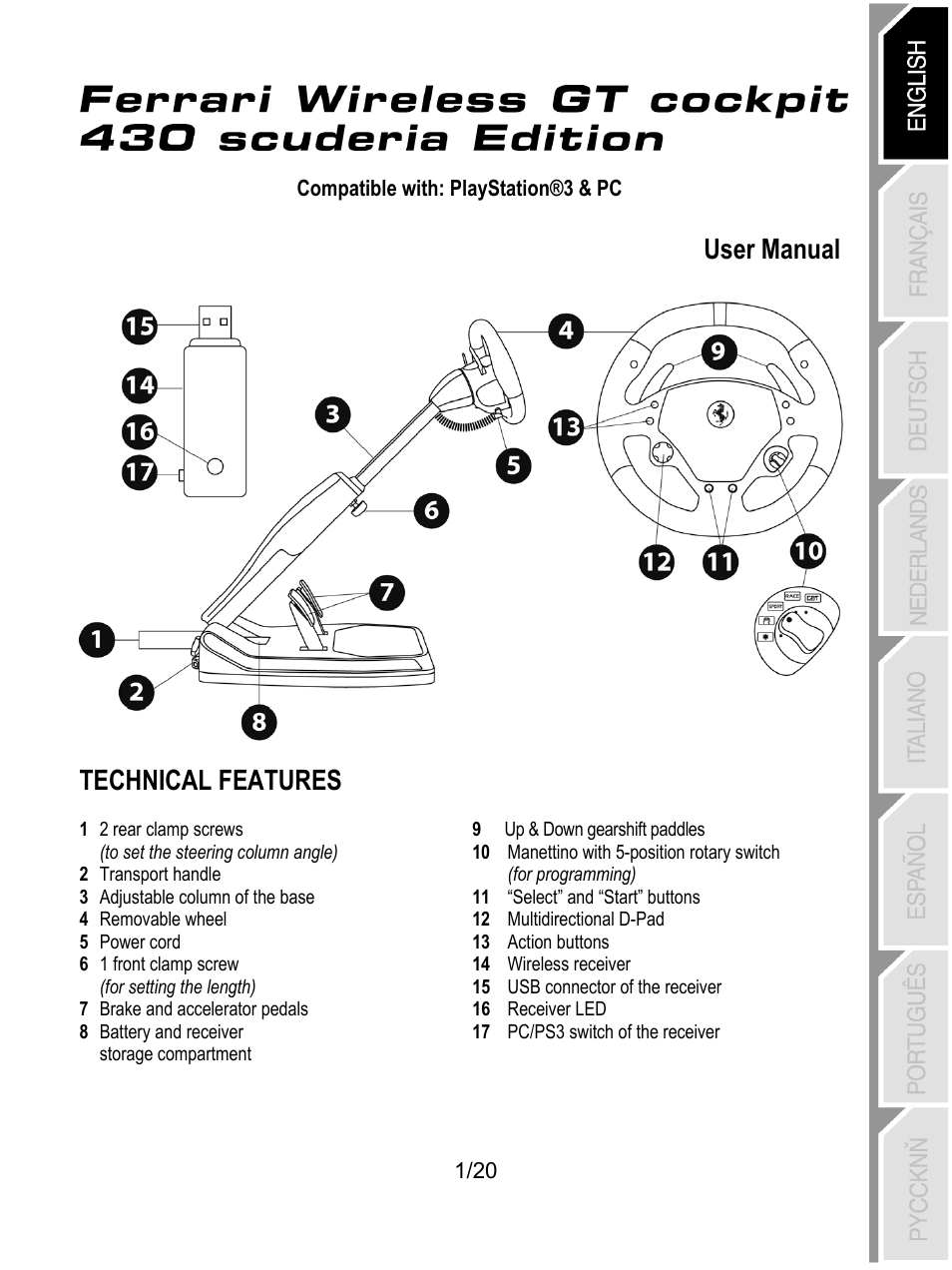 F430 cockpit_user_manual_5075750, 01_eng_f430 cockpit_5075750, Technical features | User manual | Thrustmaster Ferrari Wireless F430 Cockpit User Manual | Page 2 / 182