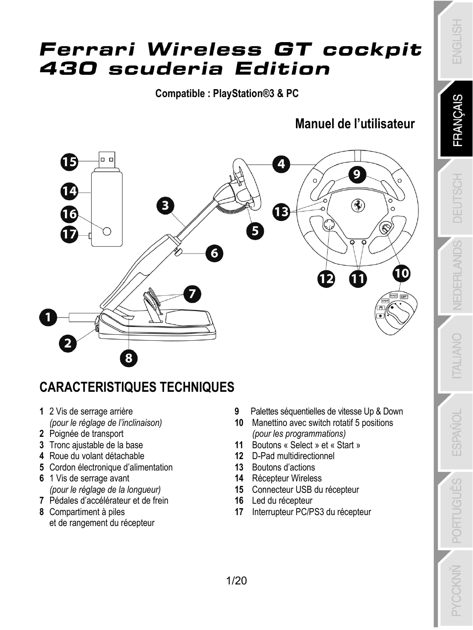 02_fra_f430 cockpit_5075750, Caractéristiques techniques, Manuel de l’utilisateur | Caracteristiques techniques | Thrustmaster Ferrari Wireless F430 Cockpit User Manual | Page 22 / 182