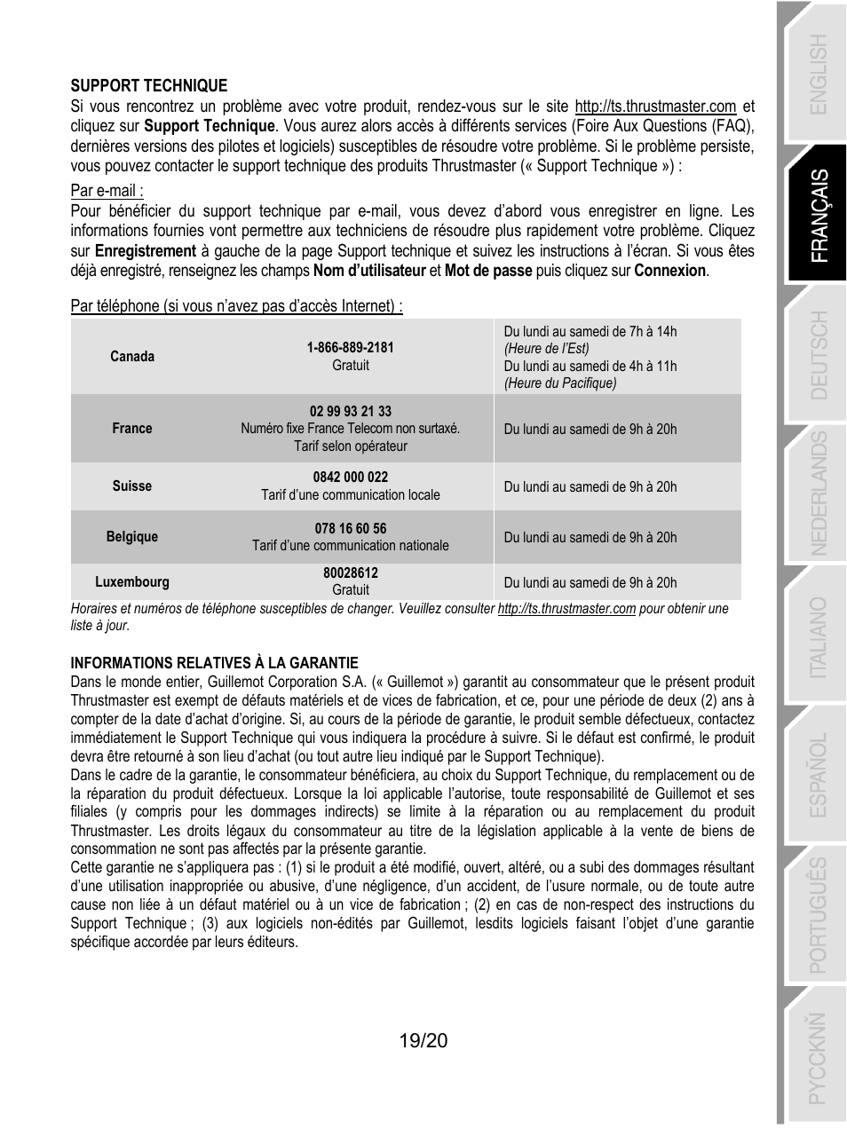 Support technique, Informations relatives à la garantie | Thrustmaster Ferrari Wireless F430 Cockpit User Manual | Page 40 / 182