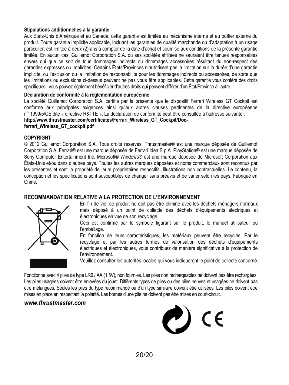 Stipulations additionnelles à la garantie | Thrustmaster Ferrari Wireless F430 Cockpit User Manual | Page 41 / 182