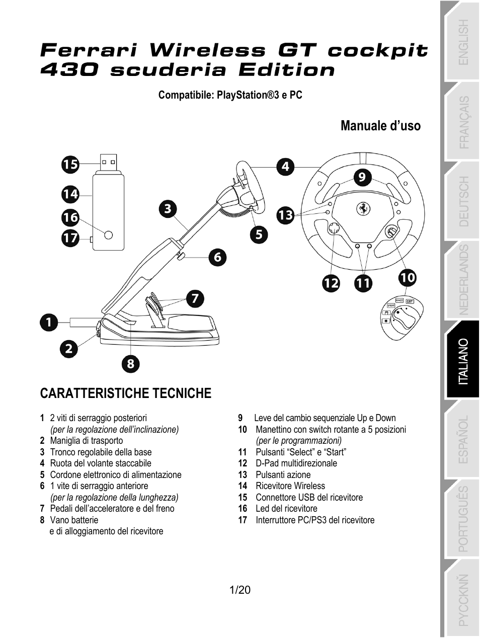 05_ita_f430 cockpit_5075750, Caratteristiche tecniche, Manuale d’uso | Thrustmaster Ferrari Wireless F430 Cockpit User Manual | Page 82 / 182