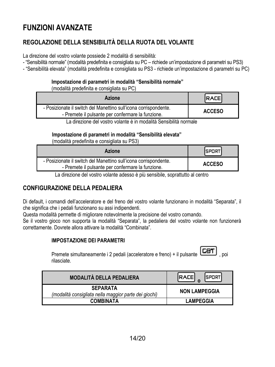 Configurazione della pedaliera, Impostazione dei parametri, Funzioni avanzate | Thrustmaster Ferrari Wireless F430 Cockpit User Manual | Page 95 / 182