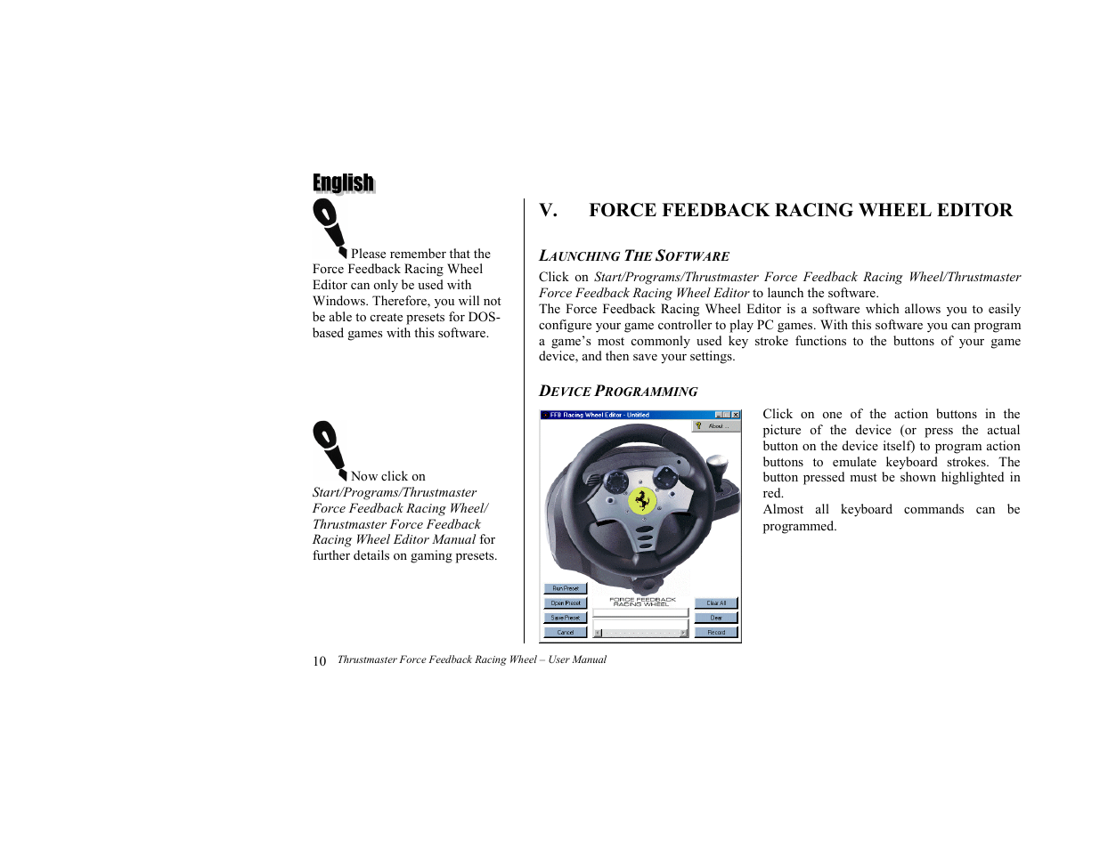 Force feedback racing wheel editor, Launching the software, Device programming | V. force feedback racing wheel editor | Thrustmaster Force Feedback Racing wheel User Manual | Page 10 / 12