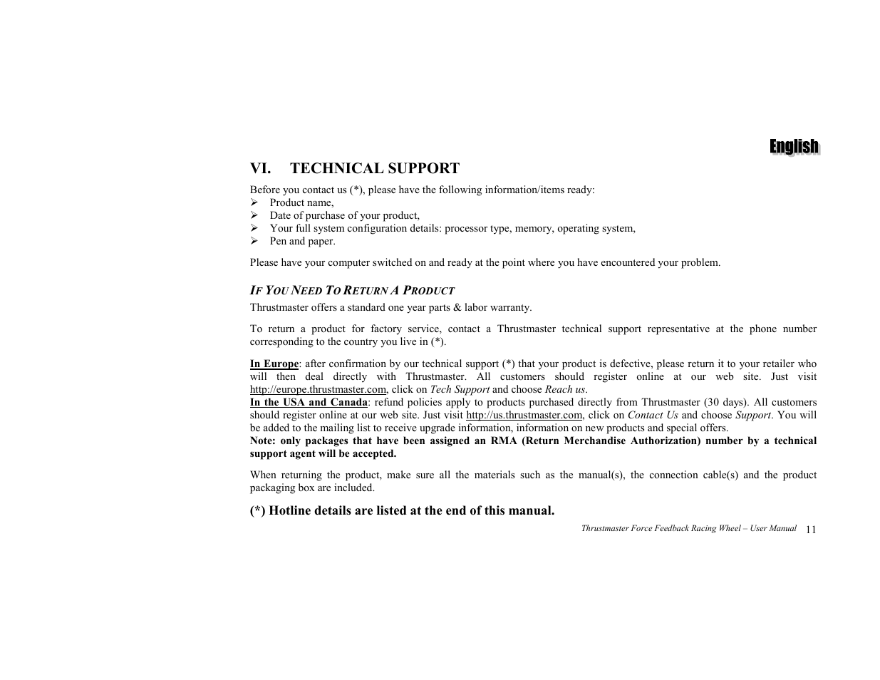 Technical support, If you need to return a product, Vi. technical support | Thrustmaster Force Feedback Racing wheel User Manual | Page 11 / 12