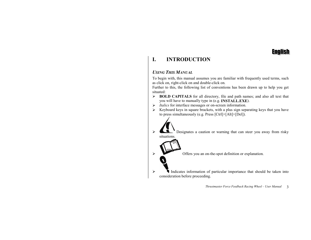 Introduction, Using this manual, I. introduction | Thrustmaster Force Feedback Racing wheel User Manual | Page 3 / 12