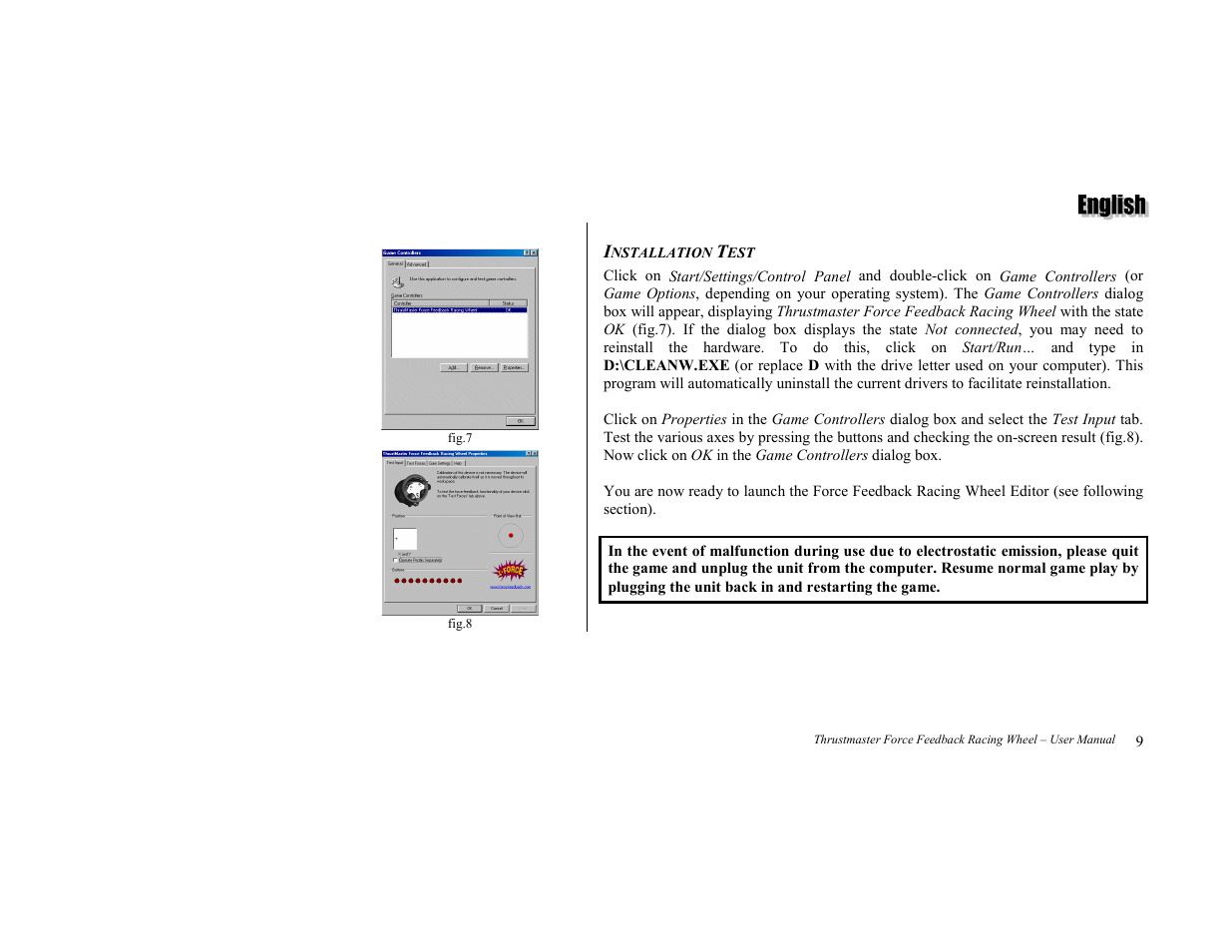 Installation test | Thrustmaster Force Feedback Racing wheel User Manual | Page 9 / 12