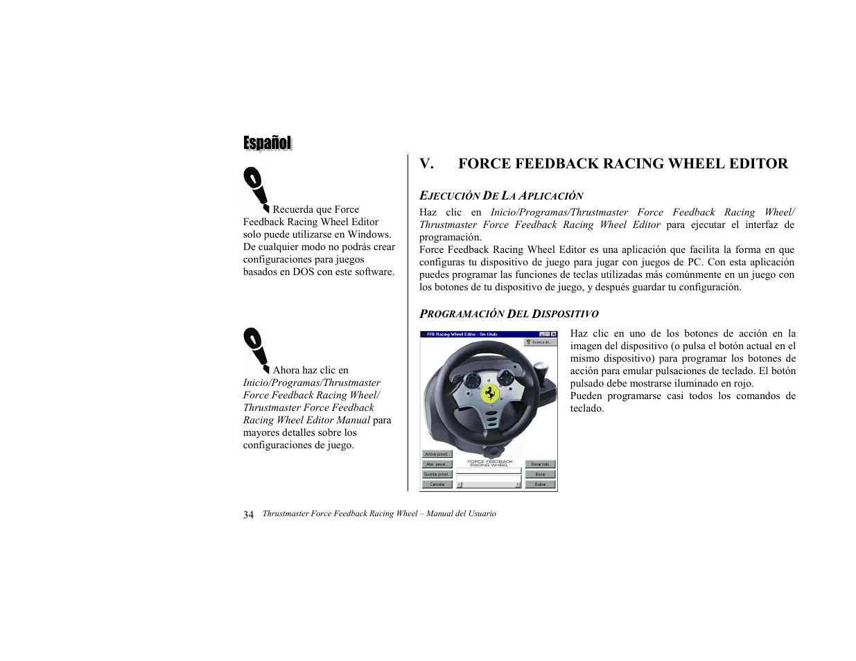 Force feedback racing wheel editor, Ejecución de la aplicación, Programación del dispositivo | V. force feedback racing wheel editor | Thrustmaster Force Feedback Racing wheel User Manual | Page 10 / 12