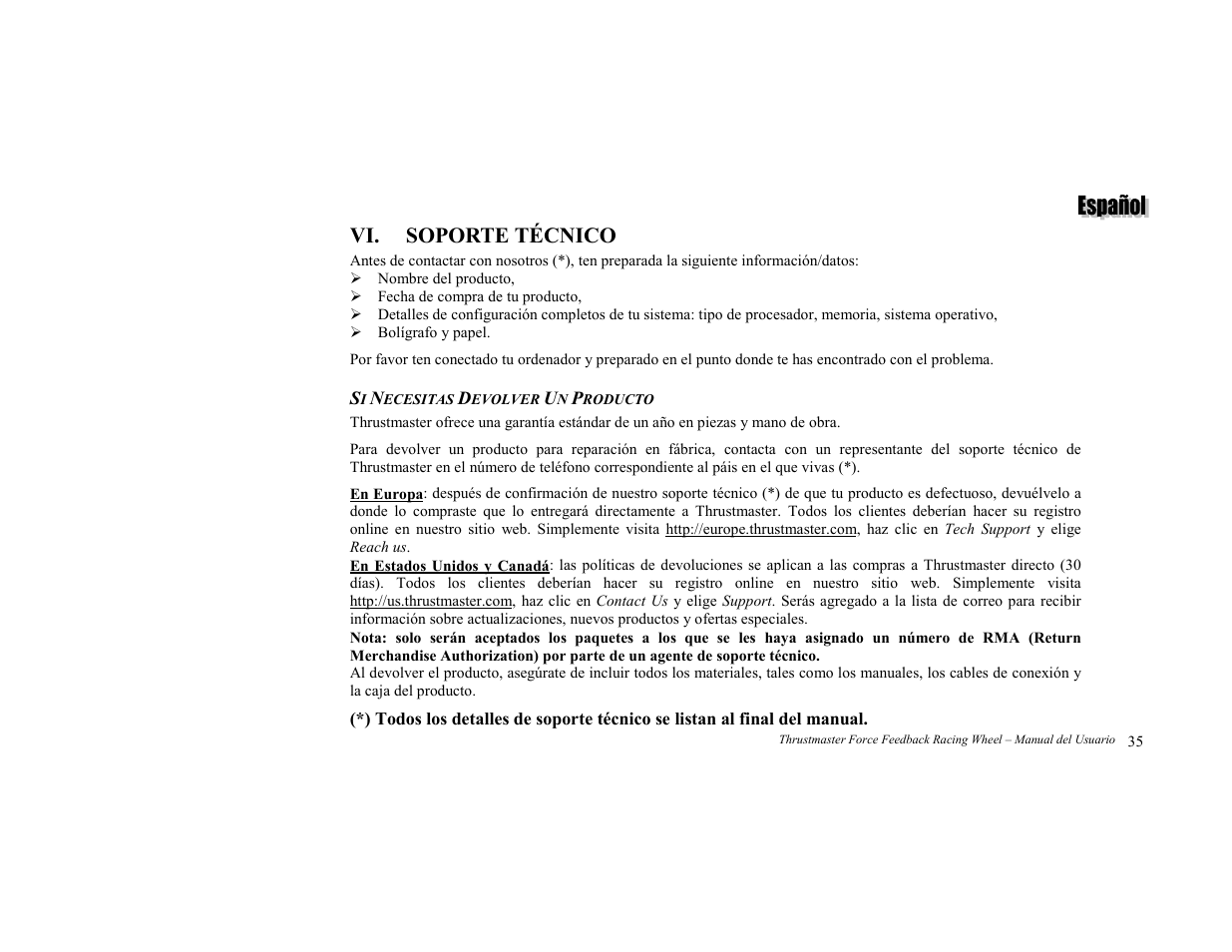 Soporte técnico, Si necesitas devolver un producto, Vi. soporte técnico | Thrustmaster Force Feedback Racing wheel User Manual | Page 11 / 12