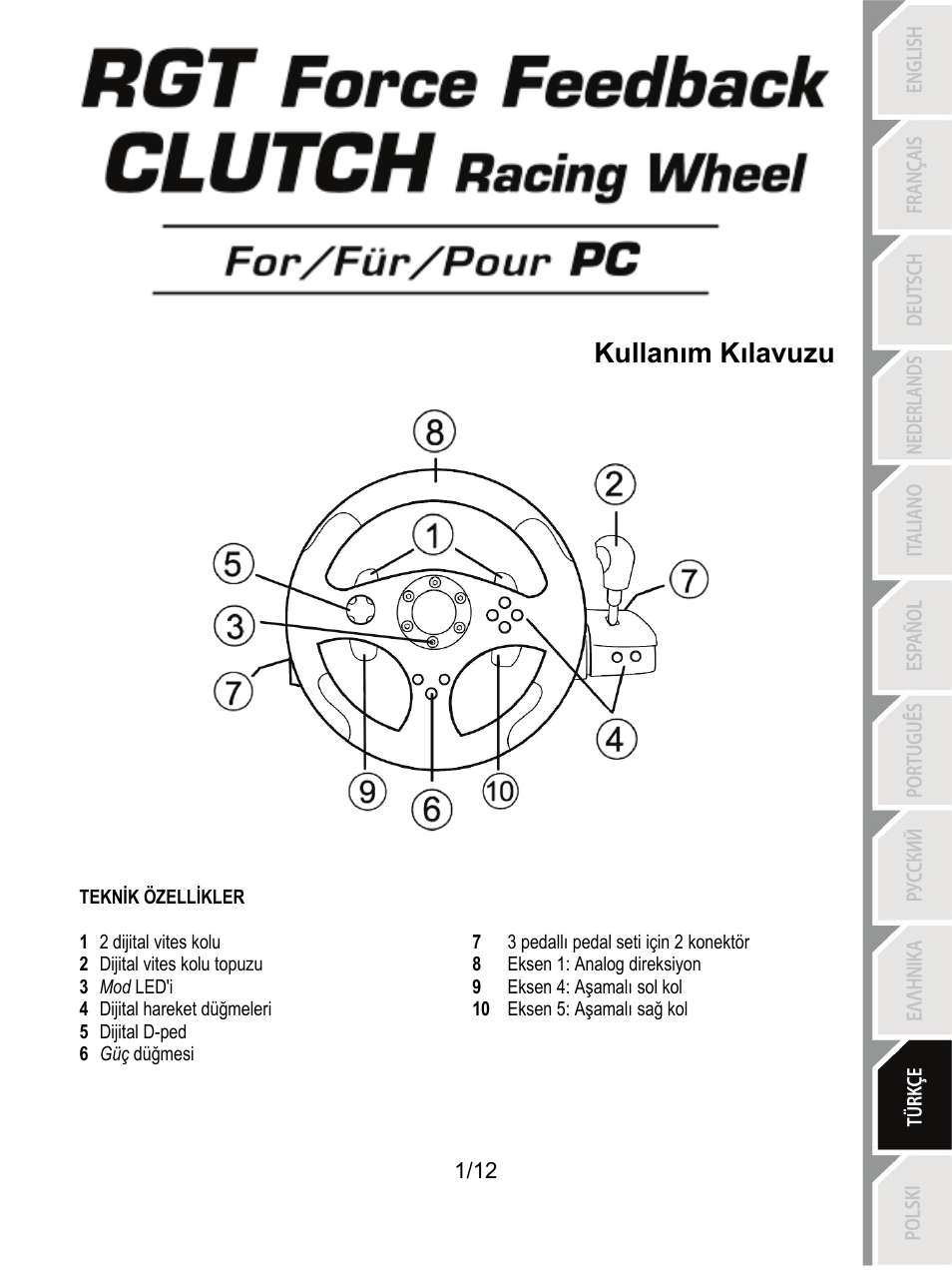 10_tur_rgt ffb clutch_v4, Teknik özellikler, Kullanım kılavuzu | Thrustmaster Rally GT Pro Force Feedback User Manual | Page 110 / 147