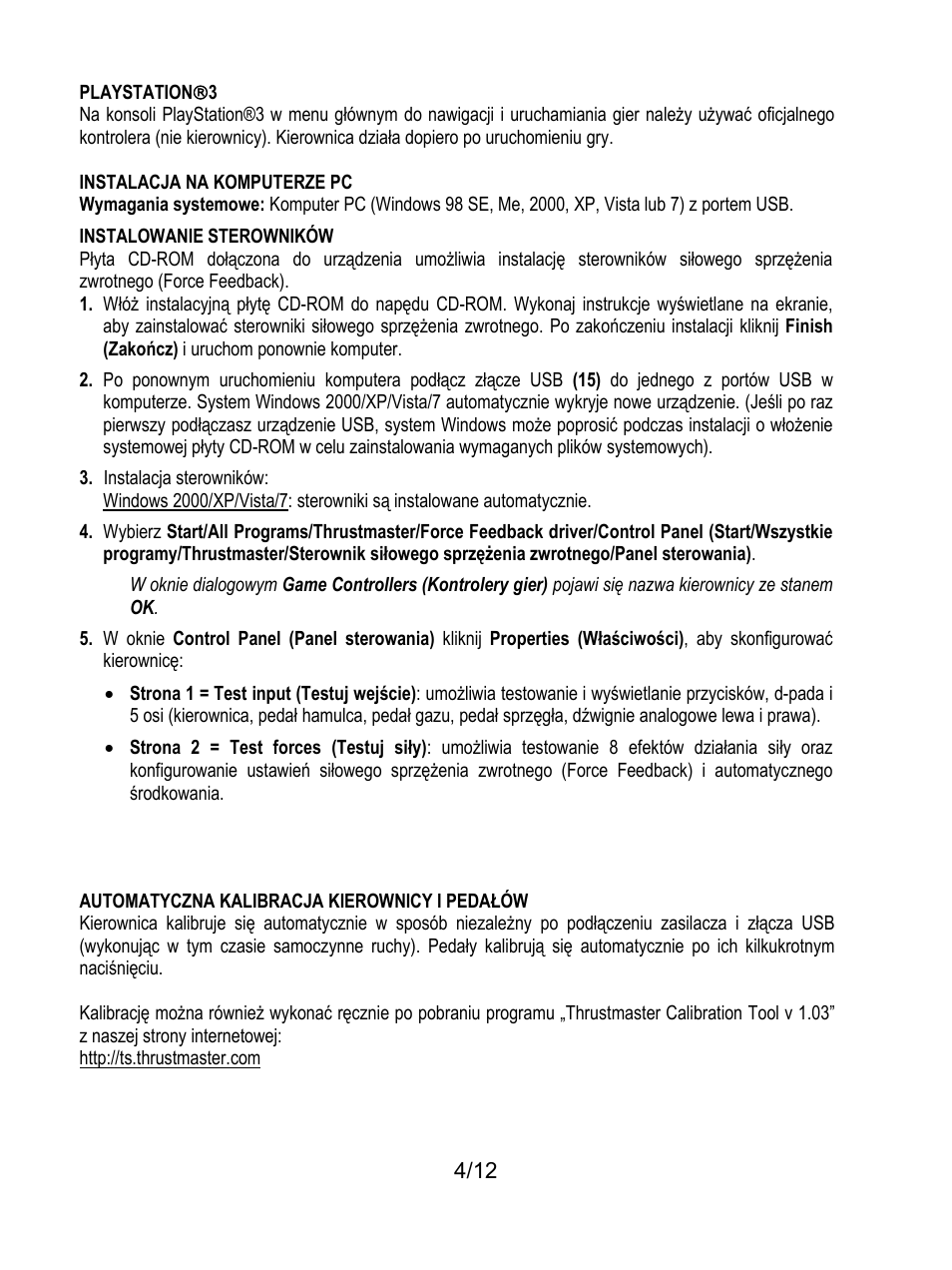 Playstation(3, Automatyczna kalibracja kierownicy i pedałów | Thrustmaster Rally GT Pro Force Feedback User Manual | Page 125 / 147