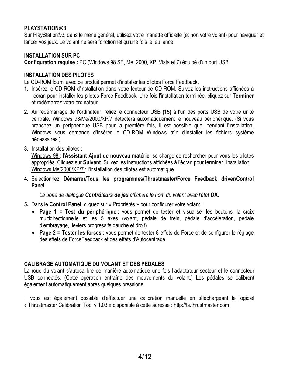 Playstation(3, Installation sur pc, Calibrage automatique du volant et des pedales | Thrustmaster Rally GT Pro Force Feedback User Manual | Page 17 / 147