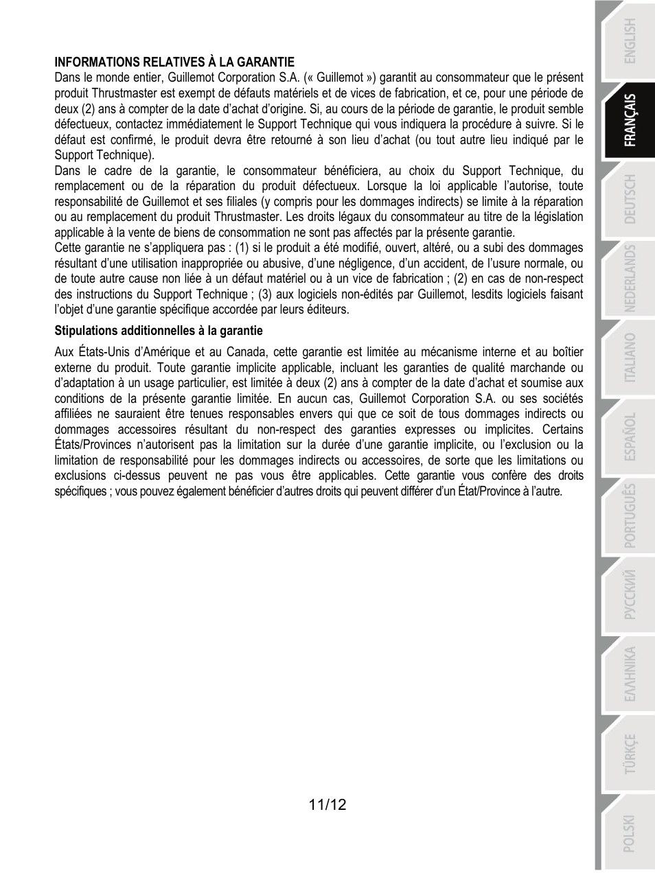 Informations relatives à la garantie, Stipulations additionnelles à la garantie | Thrustmaster Rally GT Pro Force Feedback User Manual | Page 24 / 147