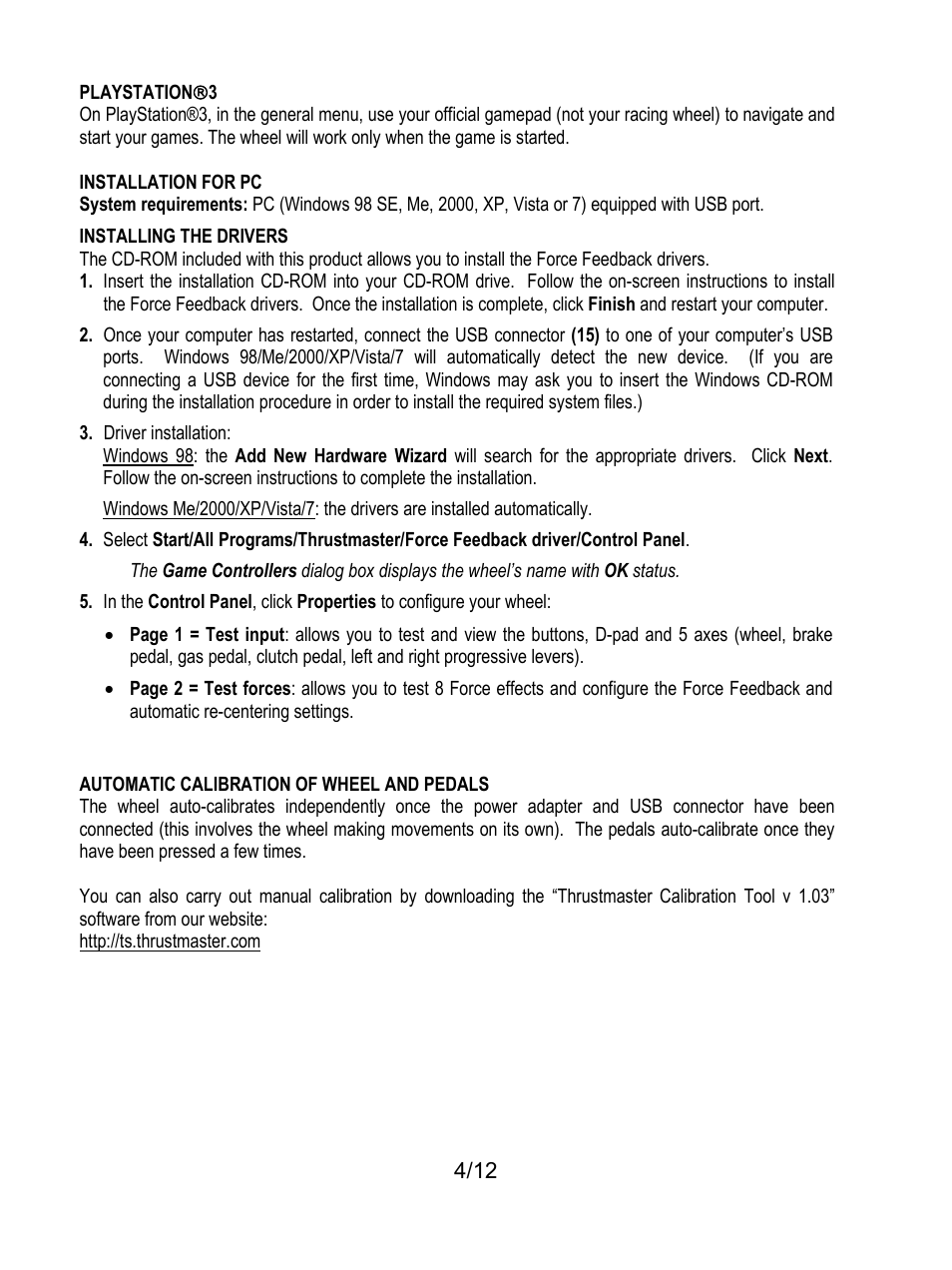Playstation(3, Automatic calibration of wheel and pedals | Thrustmaster Rally GT Pro Force Feedback User Manual | Page 5 / 147