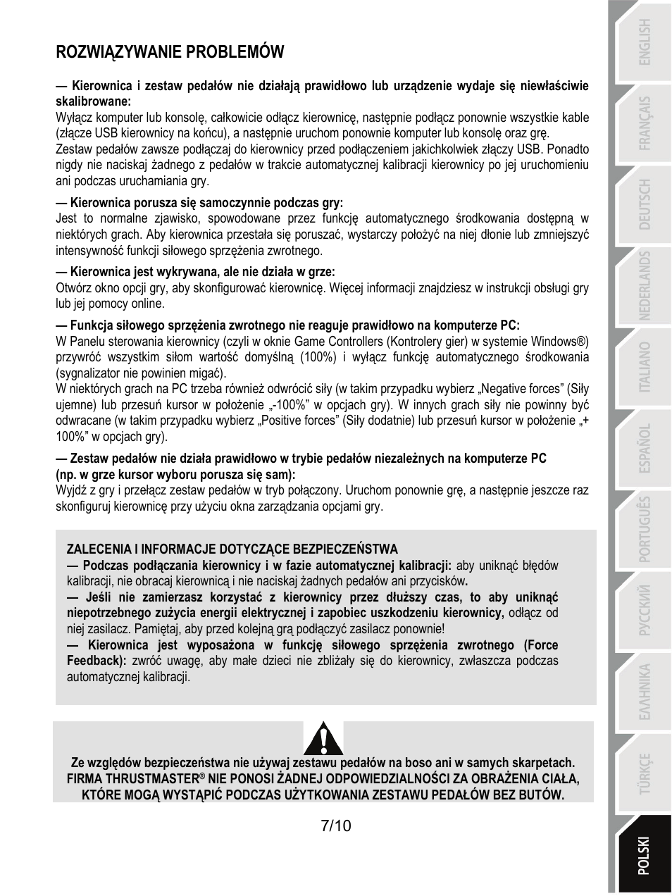 Zalecenia i informacje dotyczące bezpieczeństwa, Rozwiązywanie problemów | Thrustmaster T100 FFB User Manual | Page 108 / 121