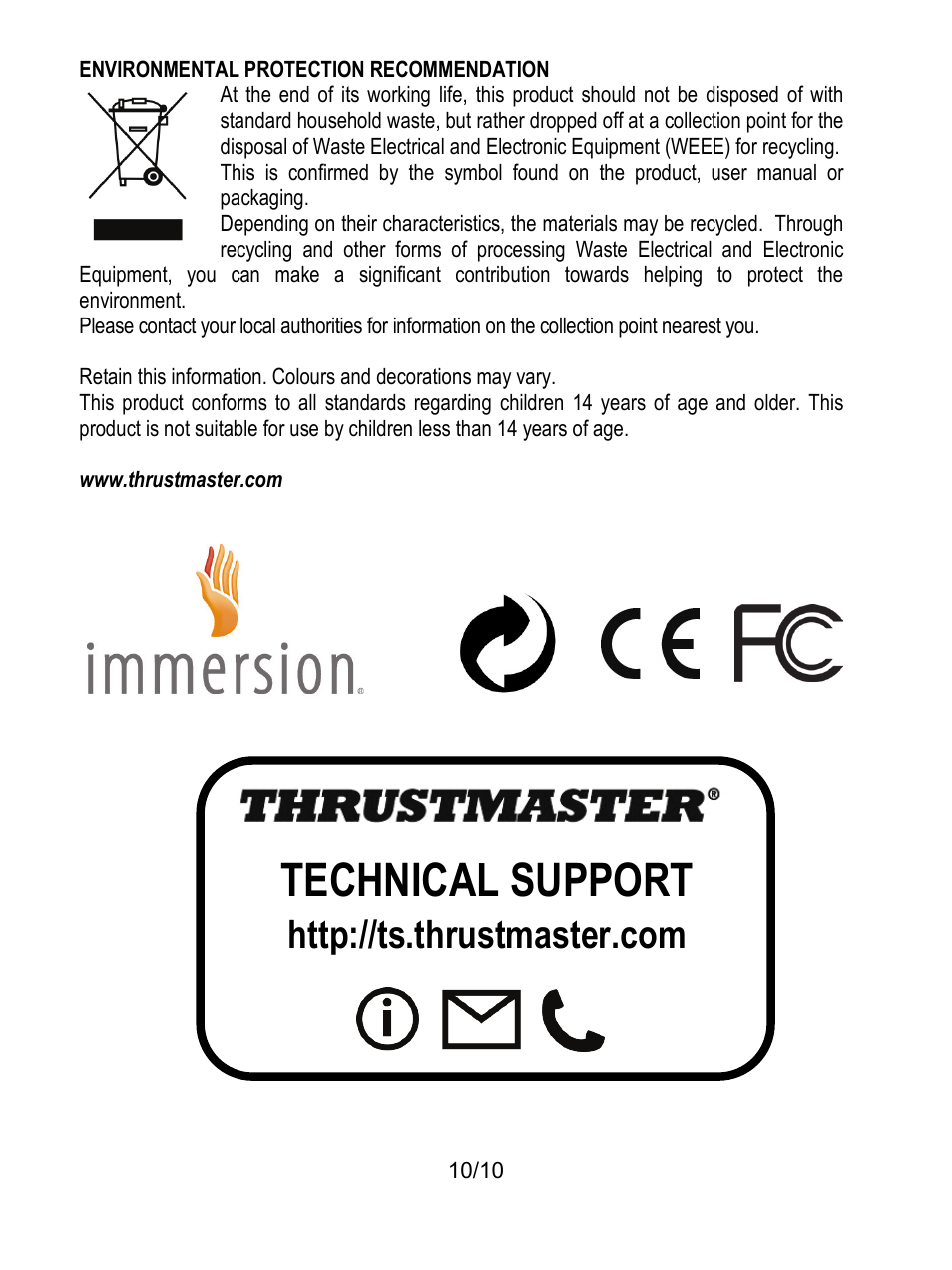 Technical support | Thrustmaster T100 FFB User Manual | Page 11 / 121