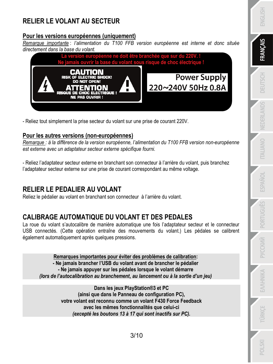 Relier le volant au secteur, Relier le pedalier au volant, Calibrage automatique du volant et des pedales | Thrustmaster T100 FFB User Manual | Page 14 / 121