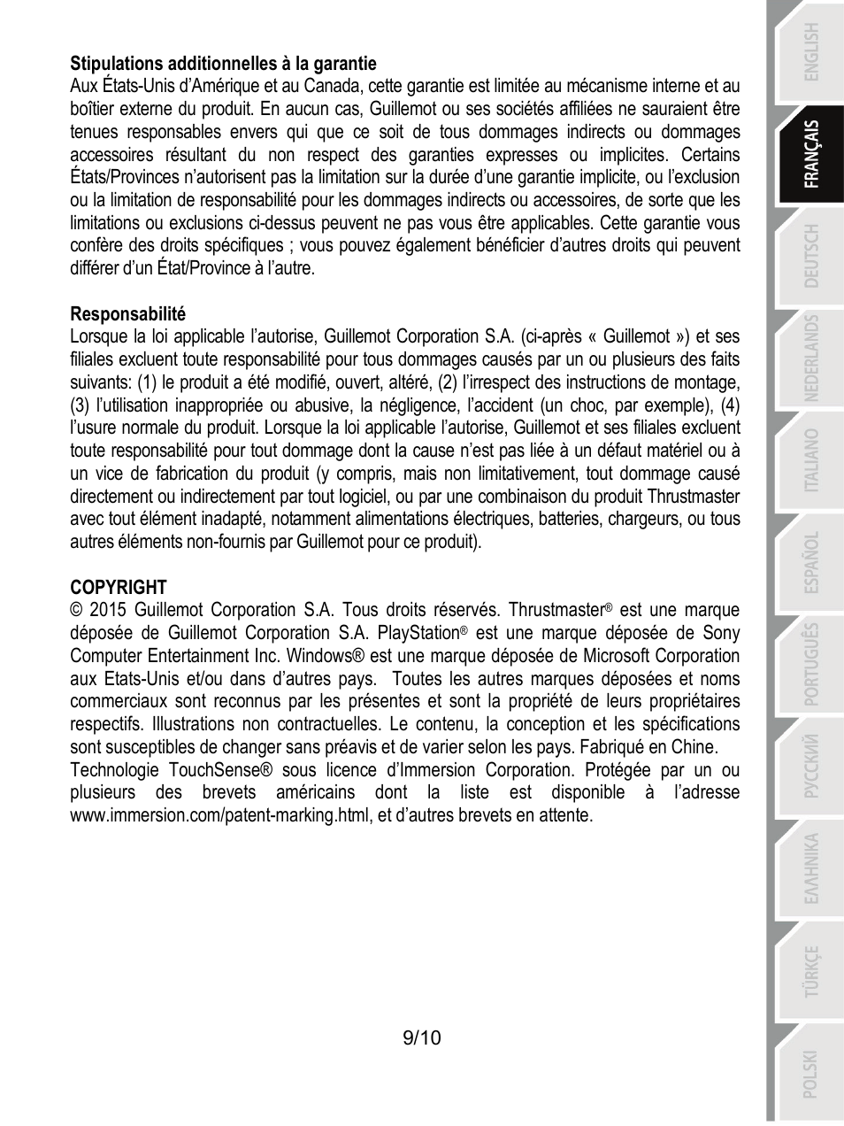 Stipulations additionnelles à la garantie, Responsabilité | Thrustmaster T100 FFB User Manual | Page 20 / 121