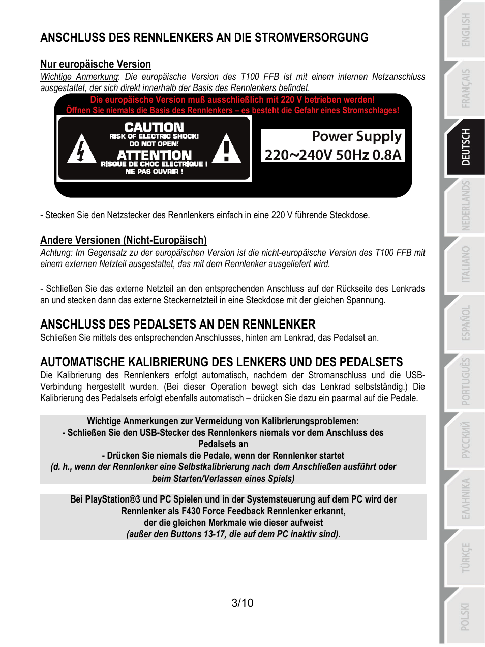 Anschluss des rennlenkers an die stromversorgung, Anschluss des pedalsets an den rennlenker | Thrustmaster T100 FFB User Manual | Page 24 / 121