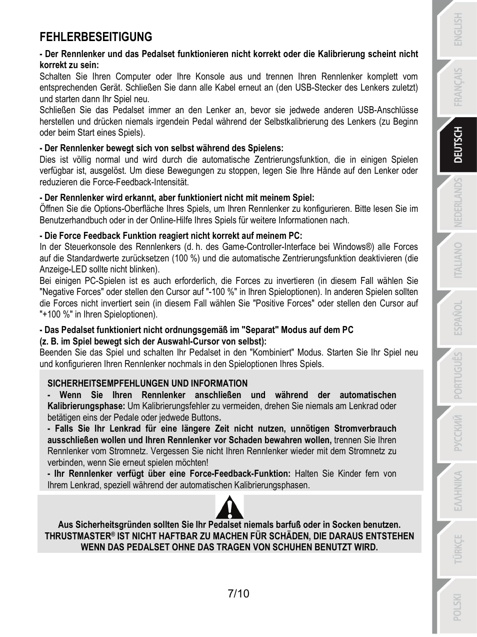 Sicherheitsempfehlungen und information, Fehlerbeseitigung | Thrustmaster T100 FFB User Manual | Page 28 / 121