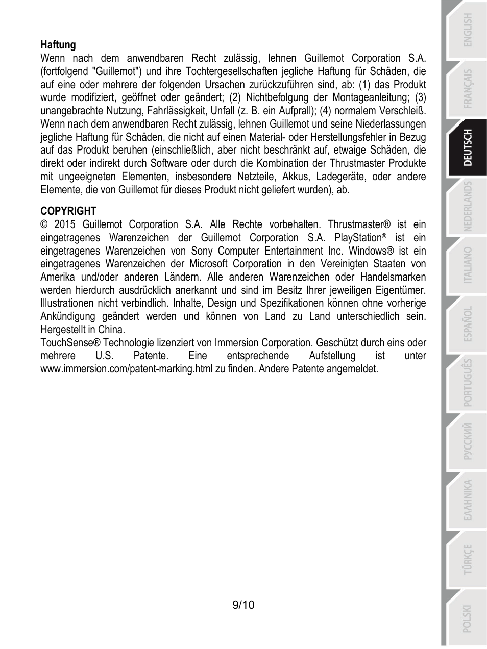 Haftung | Thrustmaster T100 FFB User Manual | Page 30 / 121