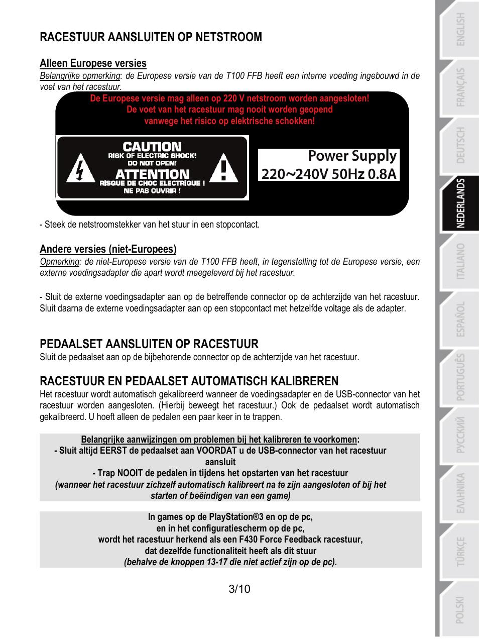 Racestuur aansluiten op netstroom, Pedaalset aansluiten op racestuur, Racestuur en pedaalset automatisch kalibreren | Thrustmaster T100 FFB User Manual | Page 34 / 121
