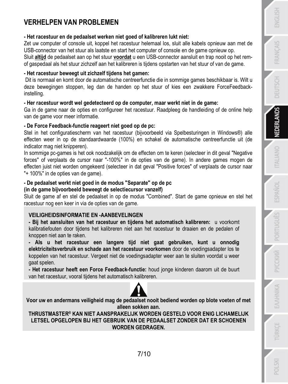 Veiligheidsinformatie en -aanbevelingen, Verhelpen van problemen | Thrustmaster T100 FFB User Manual | Page 38 / 121