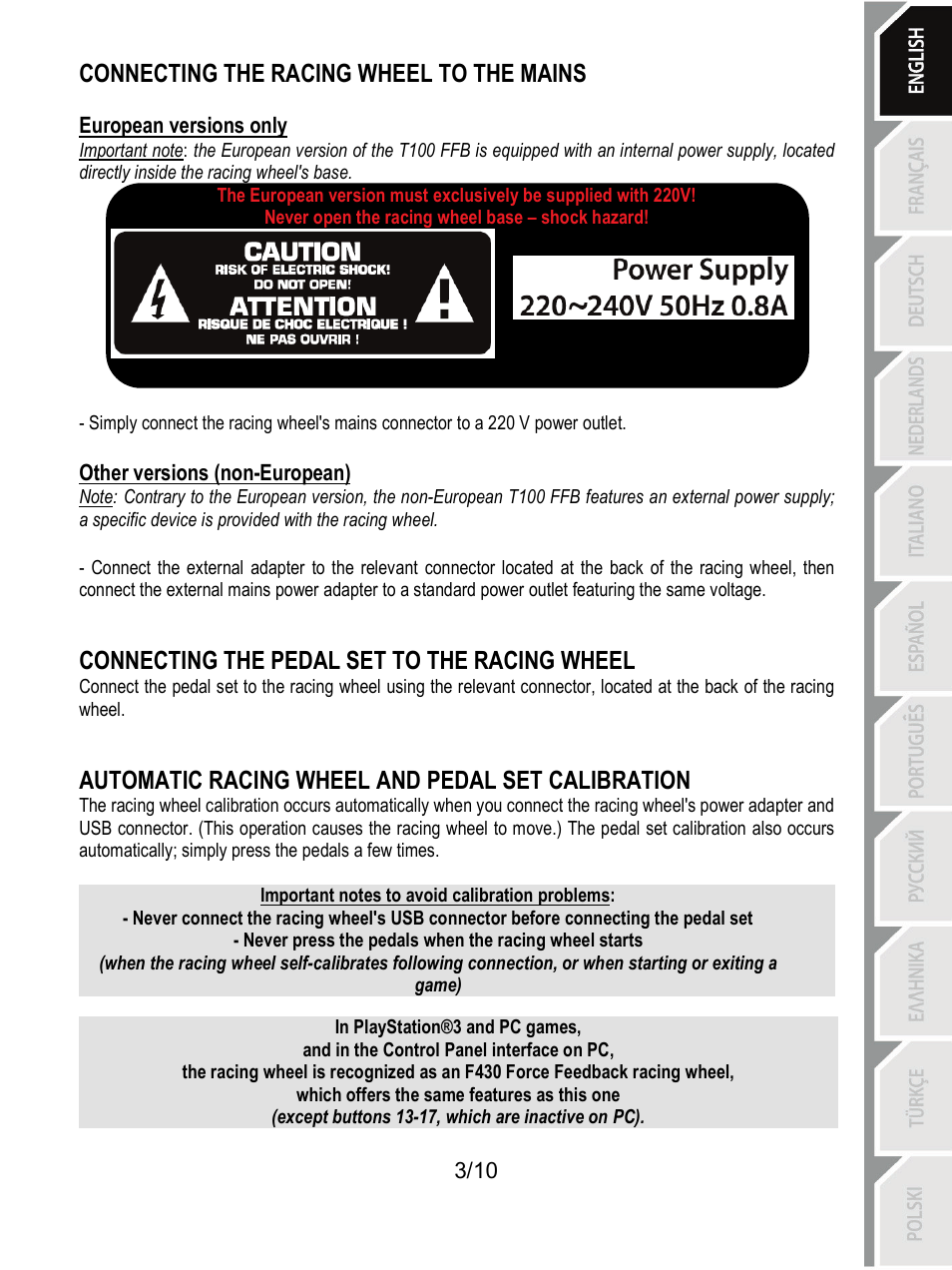 Connecting the racing wheel to the mains, Connecting the pedal set to the racing wheel, Automatic racing wheel and pedal set calibration | Thrustmaster T100 FFB User Manual | Page 4 / 121