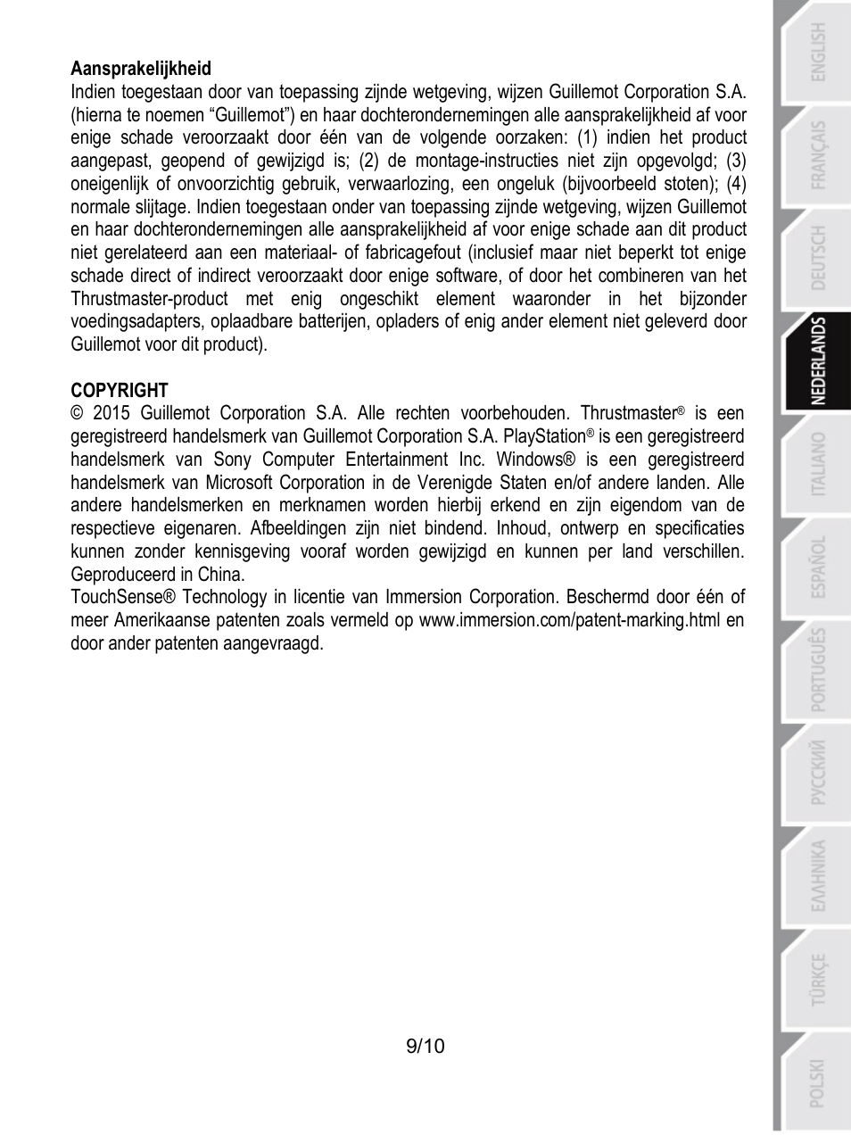 Aansprakelijkheid | Thrustmaster T100 FFB User Manual | Page 40 / 121